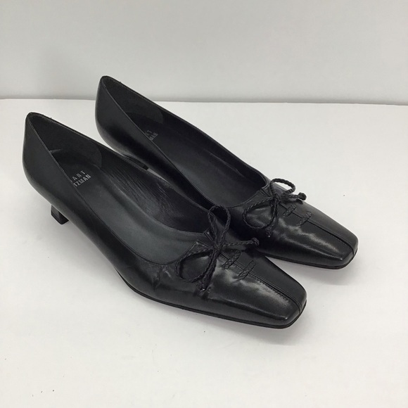 Stuart Weitzman Leather Kitten Heel Classic Pumps Bow Career Black Size 7.5N - Picture 1 of 9